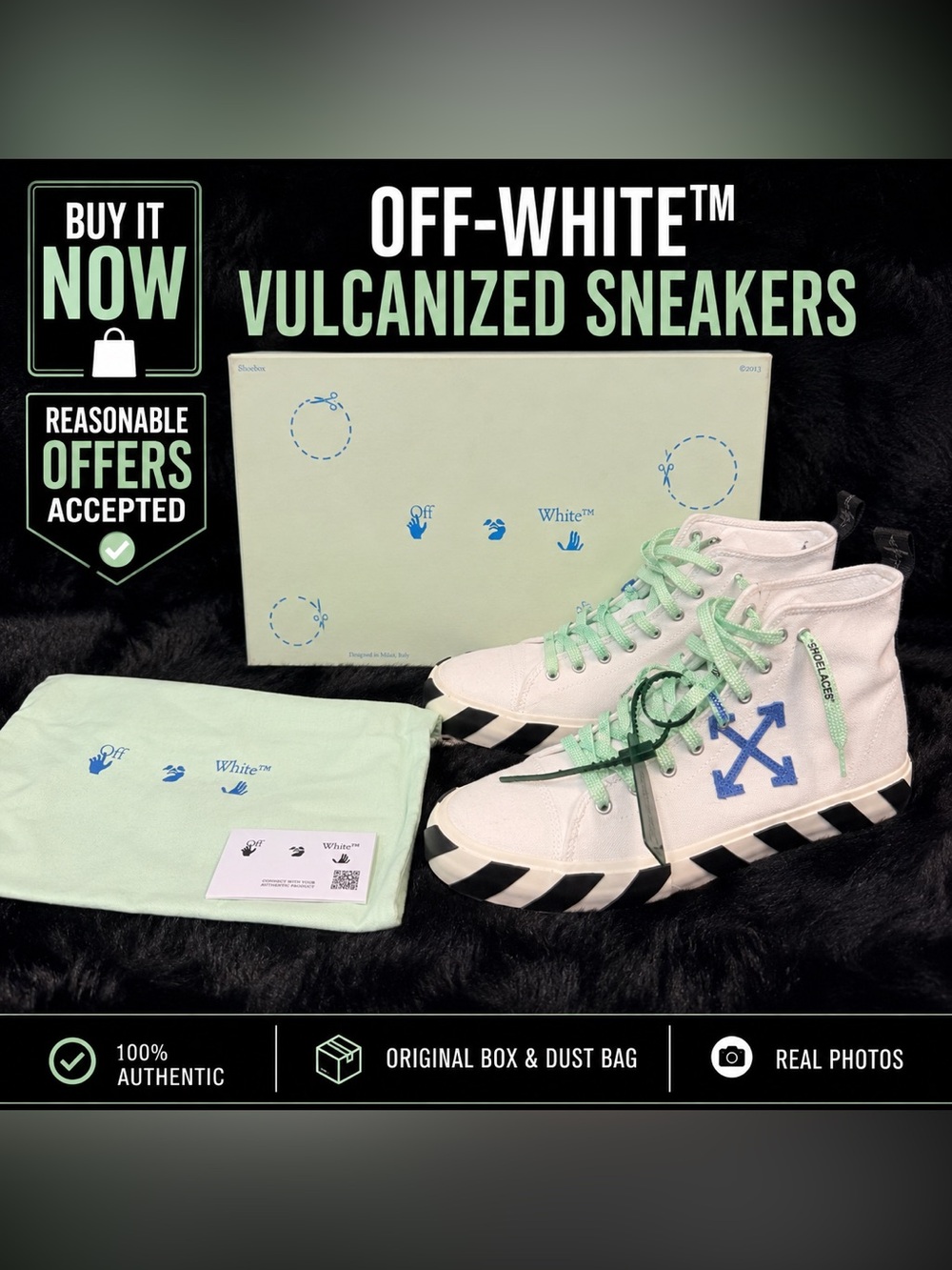 Off-White Virgil Abloh Vulcanized High Top Sneakers White Blue Green
